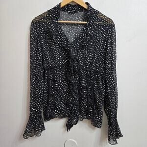Terranostra Womens Polka Dot Chiffon Ruffle Top L Y2K Fairy Grunge Whimsigoth